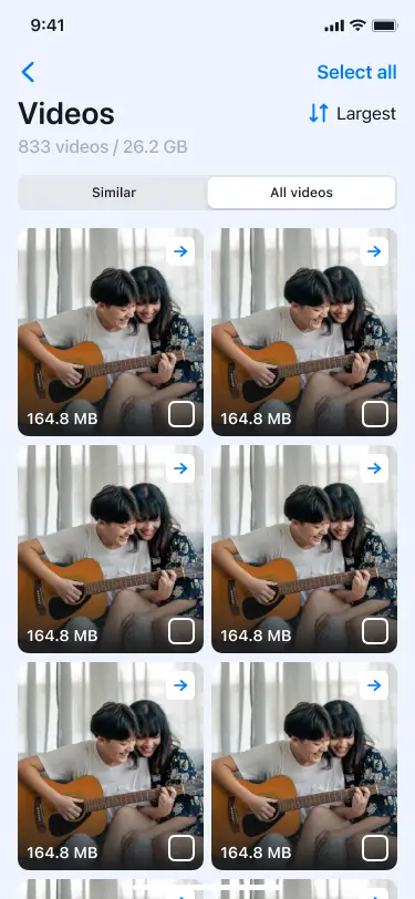 Video files organization and cleanup screen